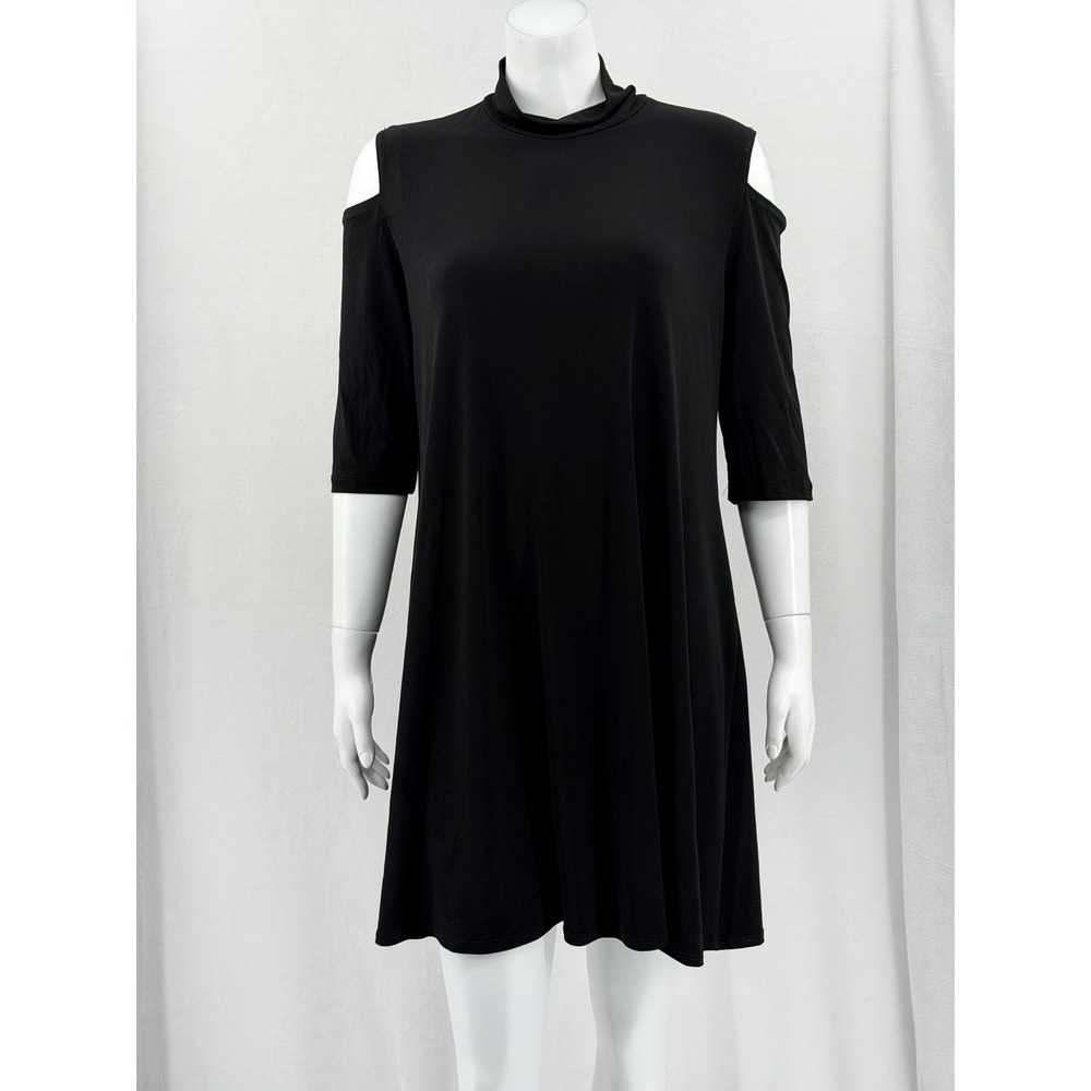 Clara Sun Woo Dress Womens Large Black Cold Shoulder Mock Neck Swing Mini Lagom